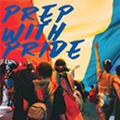 "PrEP with pride" written on rainbow flag with people standing in front