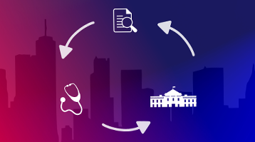 Cycle arrows pointing to the White House, stethoscope, and document icons 