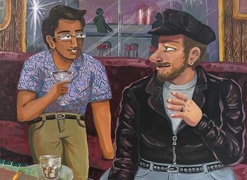 painting of two people in a bar by Teddie Bernard