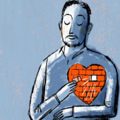 Drawing of a blue man with a heart of bricks, taking one off his chest