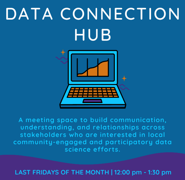 Data Connection Hub. A meeting space to build communication, understanding, and relationships across stakeholders who are interested in loll community-engaged and participatory data science efforts. Last Fridays of the month | 12:00pm - 1:30 pm.