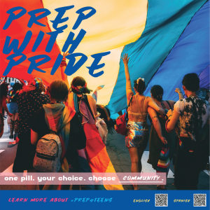 "PREP WITH PRIDE" with rainbow flag and people in background